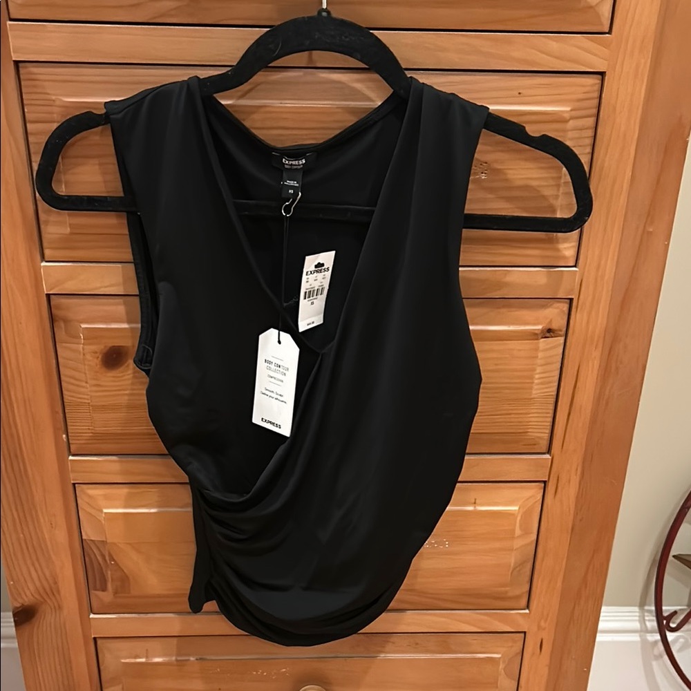 Express Black Asymmetrical Ruched Tank Top from the body contour collection.